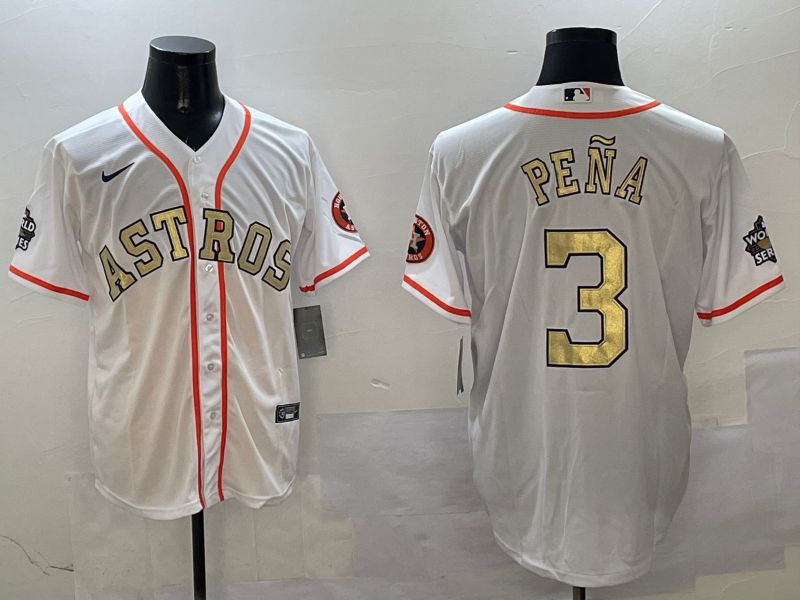 Men Houston Astros #3 Pena White Gold Game 2025 Nike MLB Jersey style 1